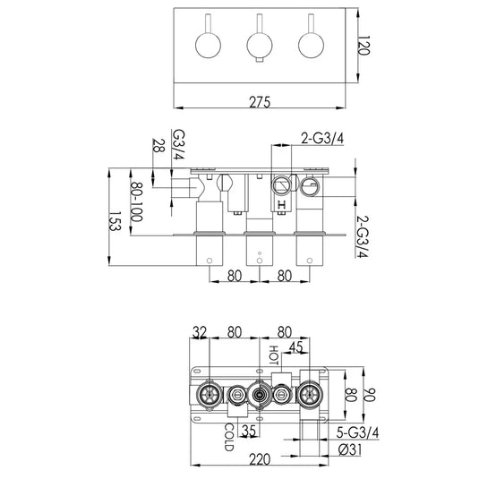 JTP Vos Horizontal Thermostatic 3-Outlets Concealed Shower Valve - Triple Designer Handle - Brushed Brass - Envy Bathrooms Ltd