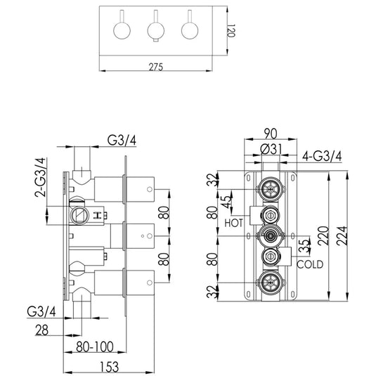 JTP Vos Horizontal Thermostatic Concealed 2 Outlets Shower Valve - Brushed Brass - Envy Bathrooms Ltd