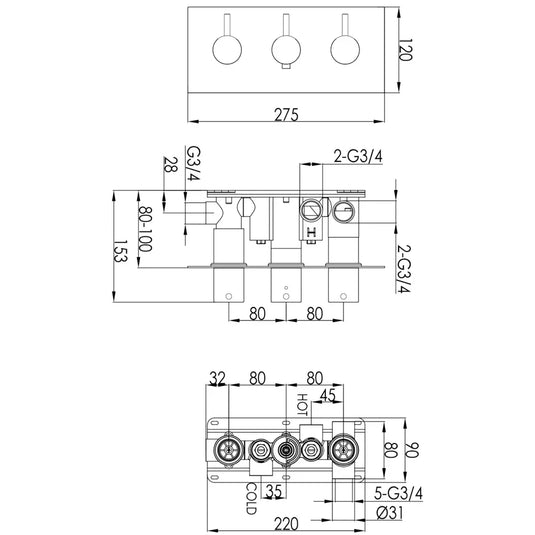 JTP Vos Horizontal Thermostatic Concealed 3 Outlets Shower Valve - Brushed Brass - Envy Bathrooms Ltd