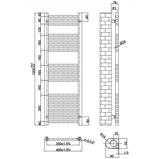 JTP Vos Straight Heated Towel Rail 1200mm H x 400mm W - Matt Black - Envy Bathrooms Ltd