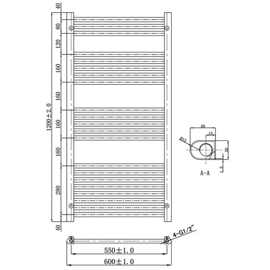 JTP Vos Straight Heated Towel Rail 1200mm H x 600mm W - Brushed Black - Envy Bathrooms Ltd