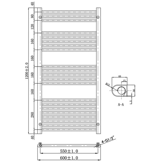 JTP Vos Straight Heated Towel Rail 1200mm H x 600mm W - Brushed Brass - Envy Bathrooms Ltd