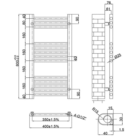 JTP Vos Straight Heated Towel Rail 800mm H x 400mm W - Matt Black - Envy Bathrooms Ltd