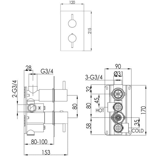 JTP Vos Thermostatic Concealed 1 Outlet Shower Valve - Brushed Brass - Envy Bathrooms Ltd
