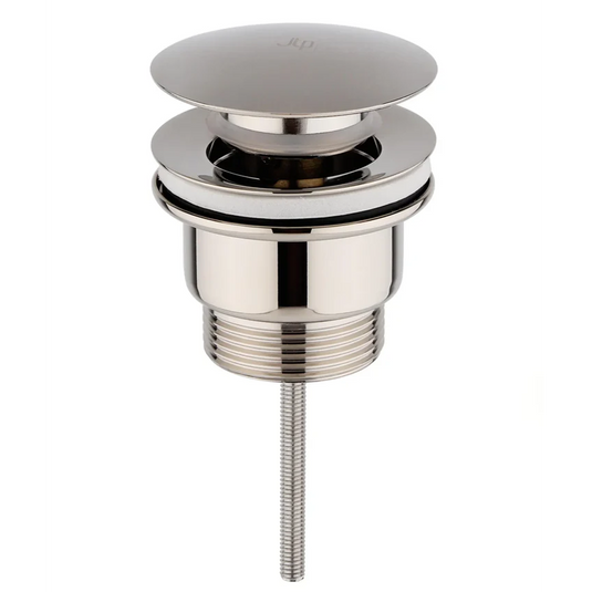 Universal basin waste in polished nickel finish, modern round design, isolated on white background