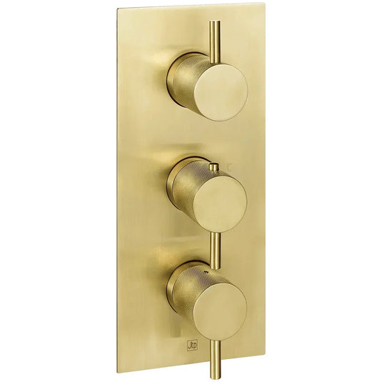 JTP Vos Vertical Thermostatic 3-Outlets Concealed Shower Valve - Triple Designer Handle - Brushed Brass - Envy Bathrooms Ltd