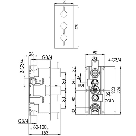 JTP Vos Vertical Thermostatic Concealed 2 Outlets Shower Valve - Brushed Brass - Envy Bathrooms Ltd