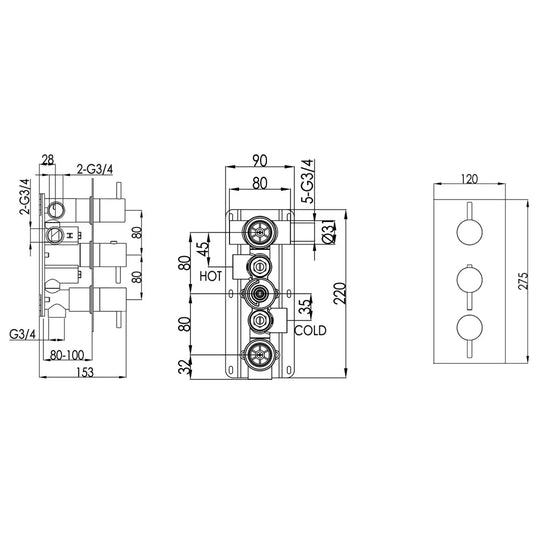 JTP Vos Vertical Thermostatic Concealed 3 Outlets Shower Valve - Brushed Brass - Envy Bathrooms Ltd
