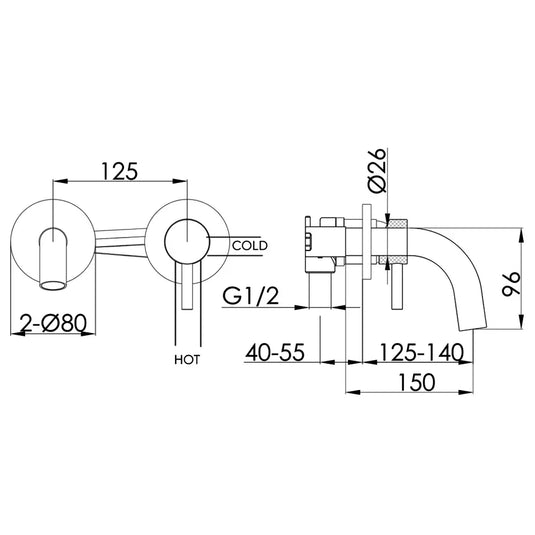 JTP Vos Wall Mounted Basin Mixer Tap 150mm Spout - Brushed Brass - Envy Bathrooms Ltd