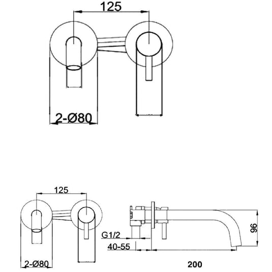 JTP Vos Wall Mounted Designer Handle Basin Mixer Tap 200mm Spout - Brushed Brass - Envy Bathrooms Ltd
