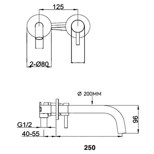 JTP Vos Wall Mounted Single Lever Designer Handle Basin Mixer Tap with Slim Spout 250mm - Brushed Brass - Envy Bathrooms Ltd