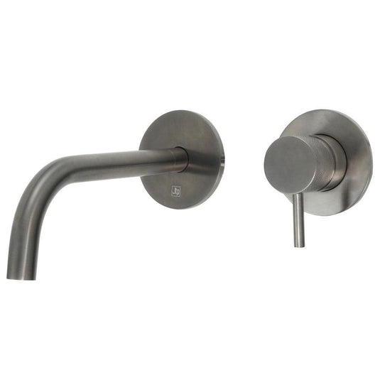 JTP Vos Wall Mounted Single Lever Designer Handle Basin Mixer Tap with Slim Spout 250mm - Brushed Brass - Envy Bathrooms Ltd