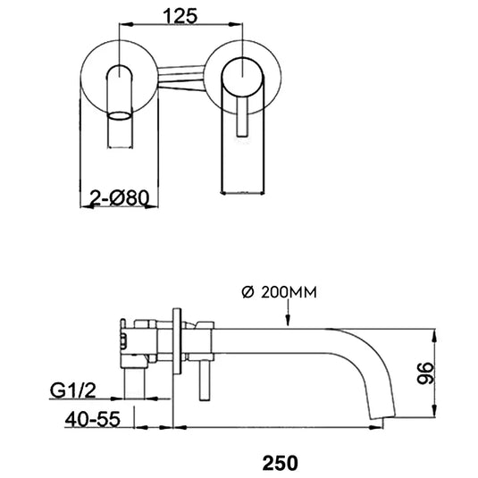 JTP Vos Wall Mounted Single Lever Designer Handle Basin Mixer Tap with Slim Spout 250mm - Matt Black - Envy Bathrooms Ltd