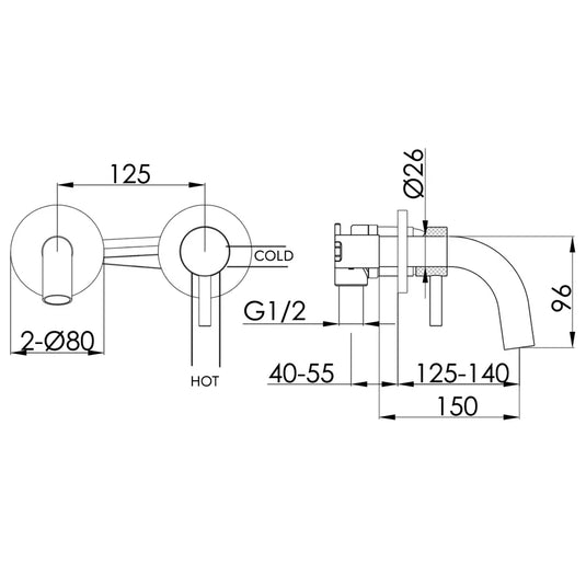 JTP Vos Wall Mounted Single Lever Designer Handle Basin Mixer Tap with Spout 150mm - Brushed Black - Envy Bathrooms Ltd