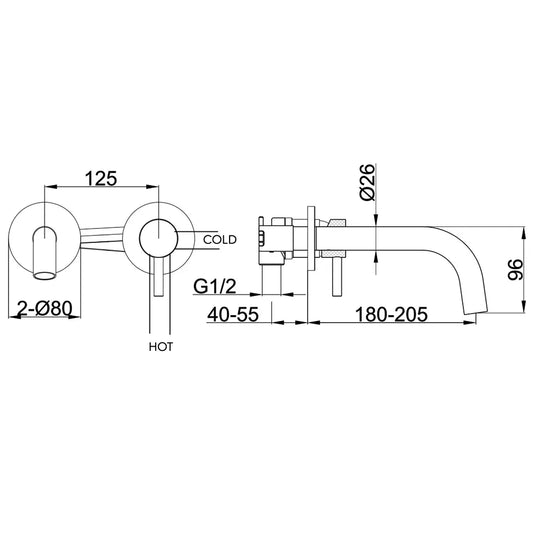 JTP Vos Wall Mounted Single Lever Designer Handle Basin Mixer Tap with Spout 200mm - Brushed Black - Envy Bathrooms Ltd