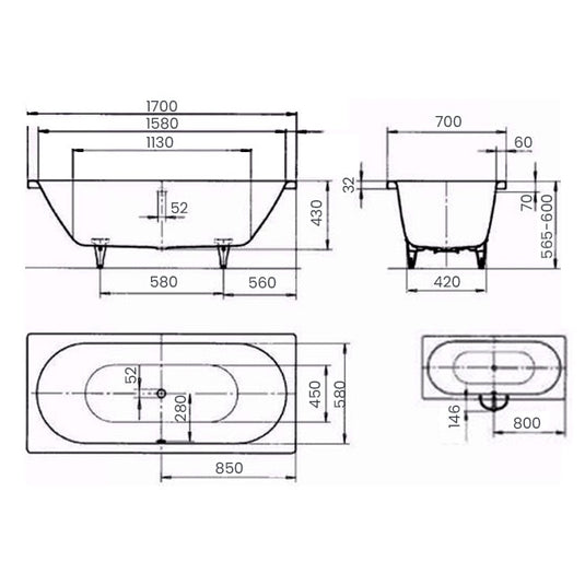 Kaldewei Classic Duo 105 1700x700mm Double Ended Bath 0TH | 290500010001