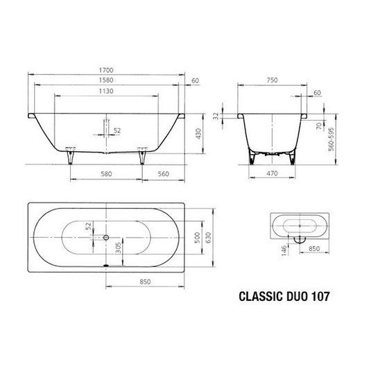 Kaldewei Classic Duo 107 1700x750mm Double Ended Bath 0TH | 290700010001