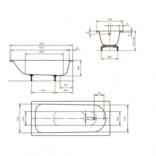 Kaldewei Eurowa 1700x700mm Single Ended Bath 2TH Anti-Slip Alpine White | 119825000001