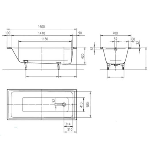 Kaldewei Puro 1600x700mm Single Ended Bath 0TH Matt White | 258300010711