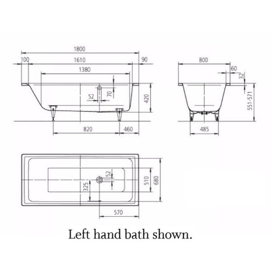 Kaldewei Puro 657 1800x800mm Single Ended Bath Right Overflow 0TH | 256700010001
