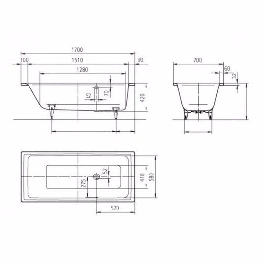 Kaldewei Puro 688 1700x700mm Single Ended Bath Left Overflow 0TH | 258823000001