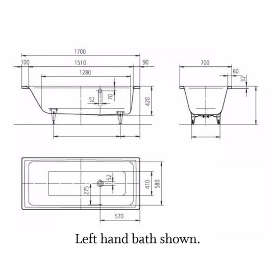 Kaldewei Puro 688 1700x700mm Single Ended Bath Right Overflow 0TH | 258800010001