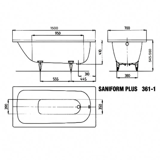 Kaldewei Saniform+ 361-1 1500x700mm Single Ended Bath 0TH | 111600010001