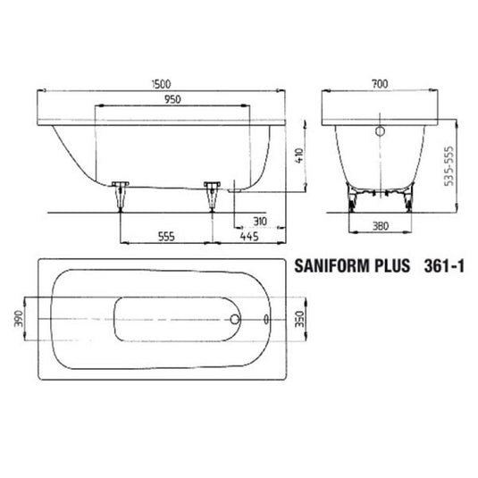 Kaldewei Saniform+ 361-1 1500x700mm Single Ended Bath 2TH | 111620000001