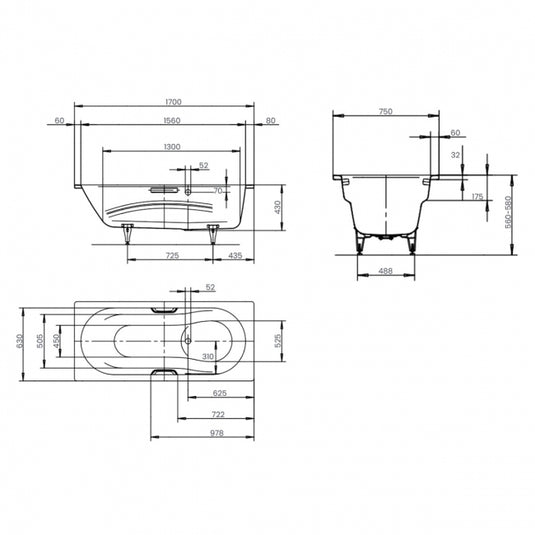 Kaldewei Vaio Set 1700x750mm Single Ended Bath Right Overflow 0TH White | 233400010001
