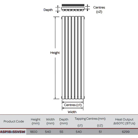 Kartell Aspen Single Designer Vertical Radiator 1800mm H x 550mm W - White - Envy Bathrooms Ltd