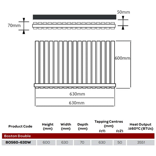 Kartell Boston Double Designer Horizontal Radiator 600mm H x 630mm W - White - Envy Bathrooms Ltd