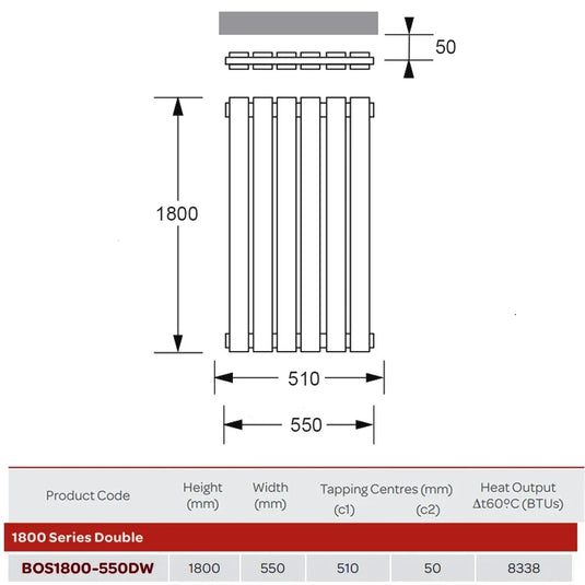 Kartell Boston Double Vertical Designer Radiator 1800mm H x 550mm W - Matt White - Envy Bathrooms Ltd