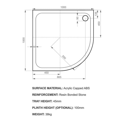 Kudos Kstone 1000 x 1000mm Anti-slip Quadrant Shower Tray - White - Envy Bathrooms Ltd