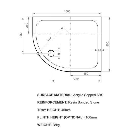 Kudos Kstone 1000 x 800mm Anti-slip Offset Quadrant Shower Tray (RH) - White - Envy Bathrooms Ltd