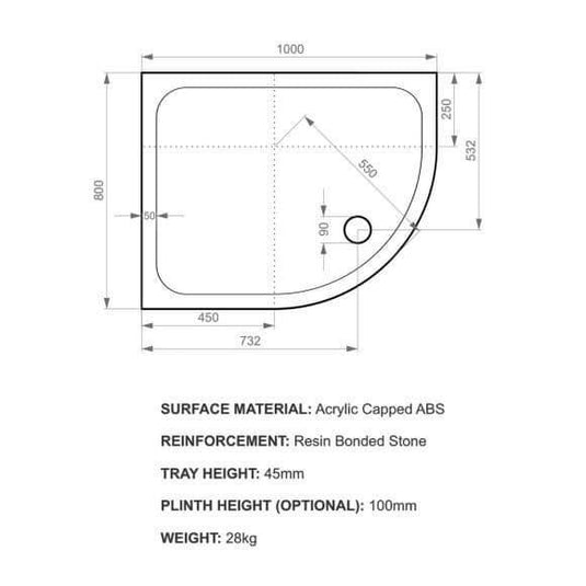 Kudos Kstone 1000 x 800mm Offset Quadrant Shower Tray (LH) - White - Envy Bathrooms Ltd