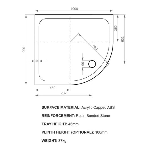 Kudos Kstone 1000 x 900mm Anti-slip Offset Quadrant Shower Tray (LH) - White - Envy Bathrooms Ltd