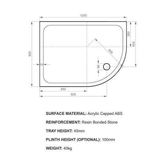 Kudos Kstone 1200 x 900mm Offset Quadrant Shower Tray (LH) - White - Envy Bathrooms Ltd