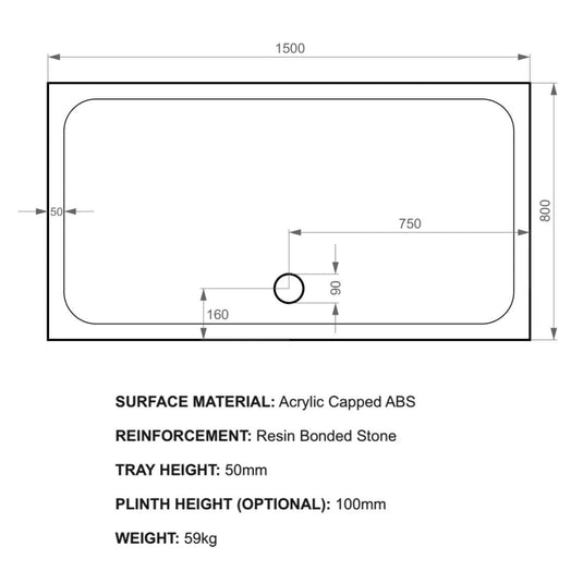 Kudos Kstone 1500 x 800mm Anti-slip Rectangle Shower Tray - White - Envy Bathrooms Ltd