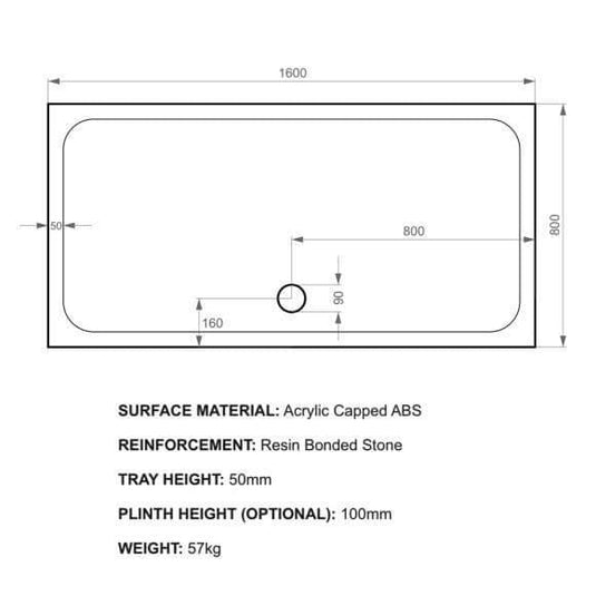 Kudos Kstone 1600 x 800mm Rectangular Shower Tray - White - Envy Bathrooms Ltd