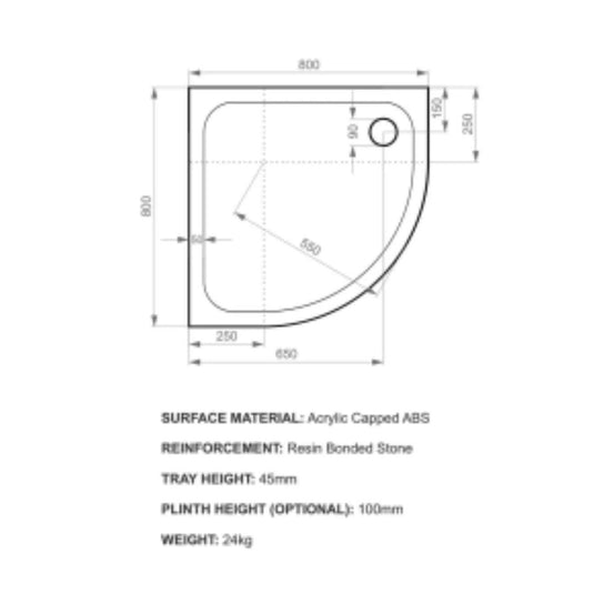 Kudos Kstone 800 x 800mm Anti-slip Quadrant Shower Tray - White - Envy Bathrooms Ltd