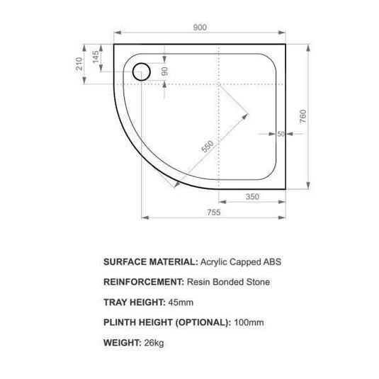 Kudos Kstone 900 x 760mm Offset Quadrant Shower Tray (RH) - White - Envy Bathrooms Ltd