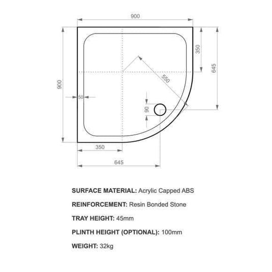 Kudos Kstone 900 x 900m Quadrant Shower Tray - White - Envy Bathrooms Ltd