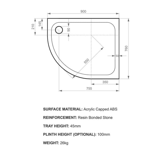 Kudos Kstone900 x 760mm Anti-slip Offset Quadrant Shower Tray (RH) - White - Envy Bathrooms Ltd