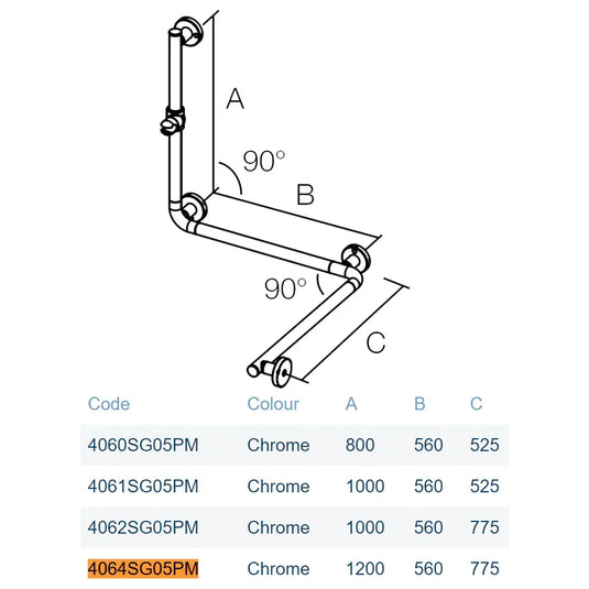 Lakes Series 400 Wall Handrail - 800 x 560 x 525mm - Chrome - 4060SG05PM - Envy Bathrooms Ltd