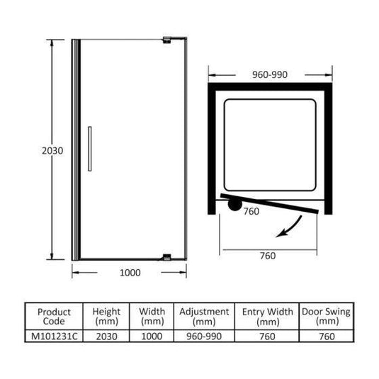 Merlyn 10 Series 1000mm Pivot Shower Door - Chrome - M101231C - Envy Bathrooms Ltd