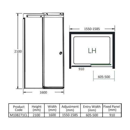 Merlyn 10 Series 1600mm Sliding Shower Door Left Hand - Chrome - M108271CL - Envy Bathrooms Ltd