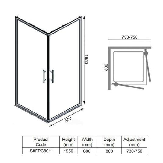 Merlyn 8 Series 800 x 800mm Frameless Double Pivot Shower Wall - Chrome - S8FPC80H - Envy Bathrooms Ltd