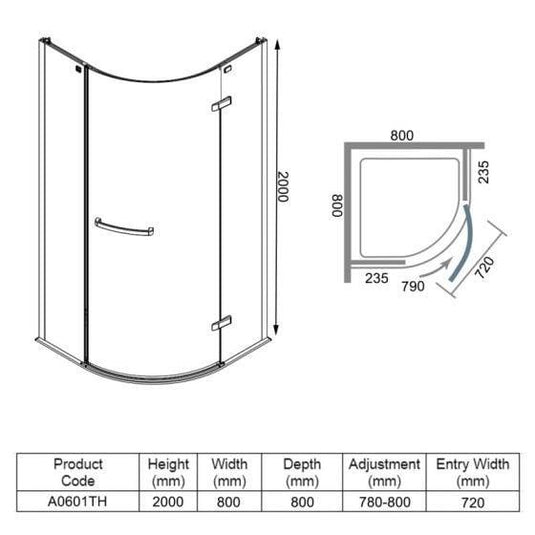 Merlyn 8 Series 800mm Frameless 1 Door Quadrant Shower Enclosure - Chrome - A0601TH - Envy Bathrooms Ltd