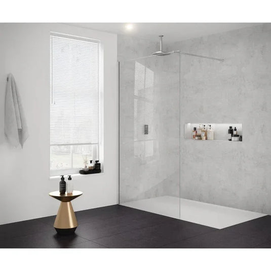 Modern bathroom with 8mm frameless wet room shower panel and stainless bracing bar
