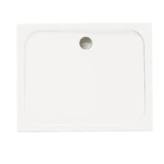 Rectangular white anti-slip shower tray with waste hole, minimalist design